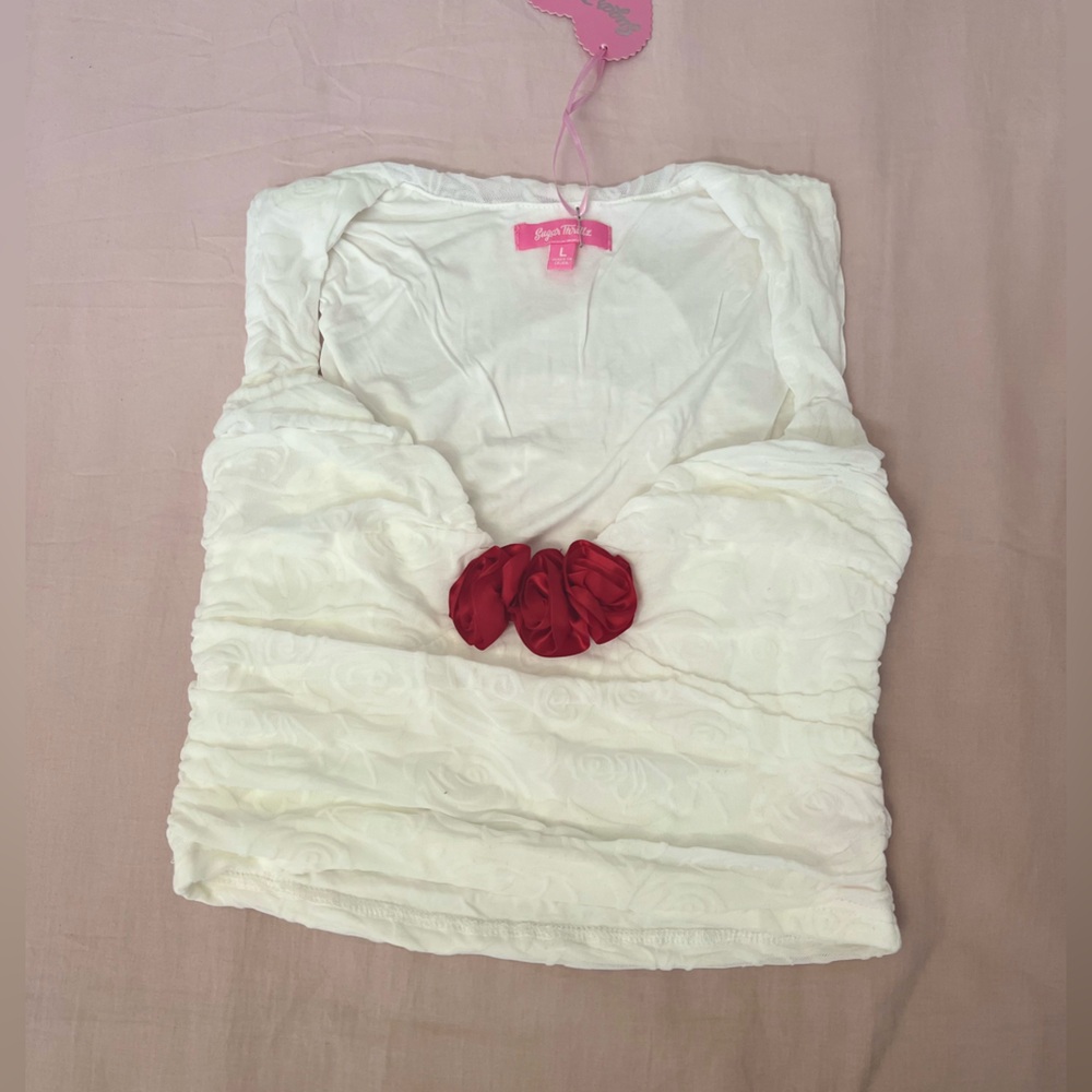 Dolls Kill Sugar Thrillz White Ruched Tank Top with Red Roses